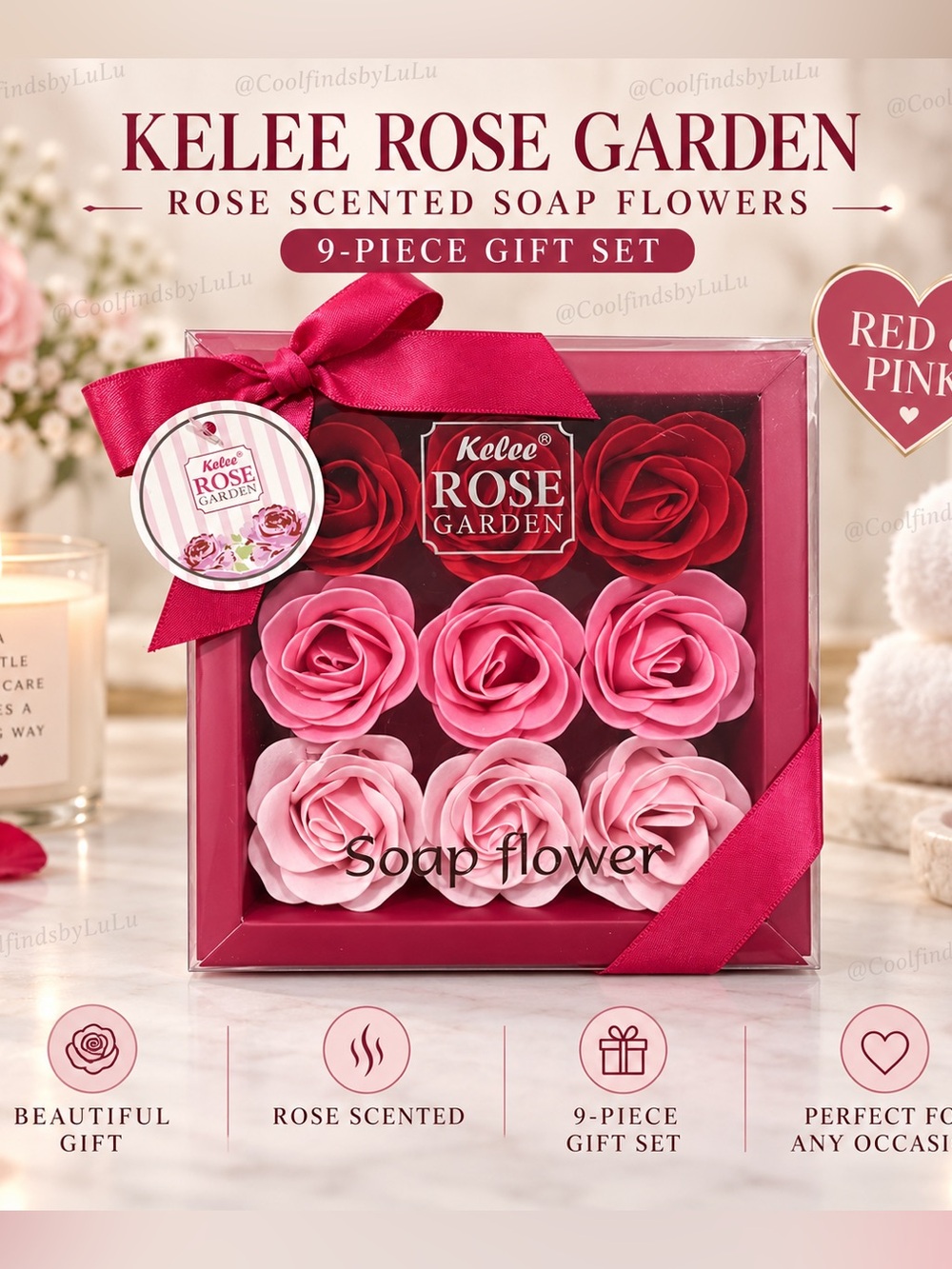 Kelee Rose Garden Rose Scented Soap Flowers - Pink & Red 9-Piece Gift Set
